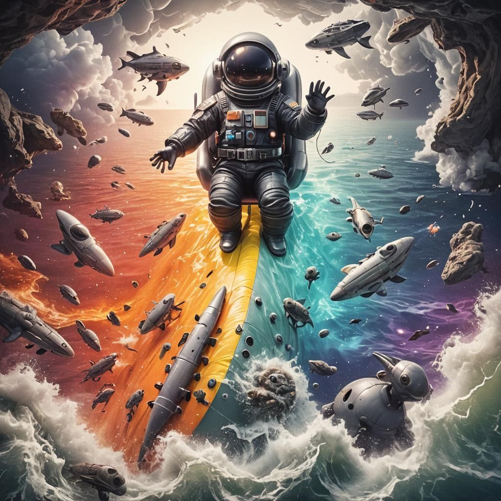 Hyperrealistic Aliens in a Lifeboat at Sunset