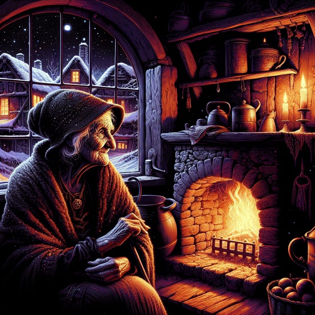 Wise Witch by Fireplace in Snowy Gothic Cottage