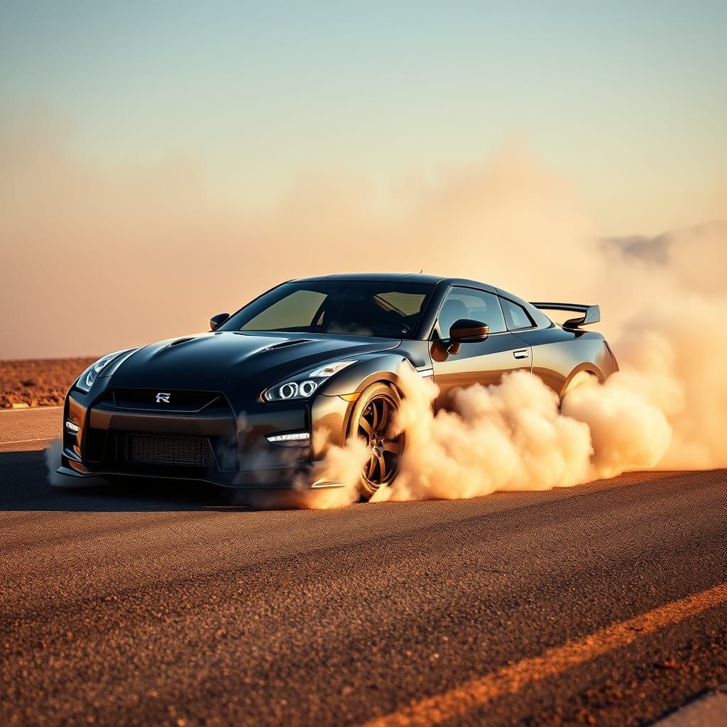 Sleek Black Nissan GT-R Performs Perfect Burnout in Deserted...