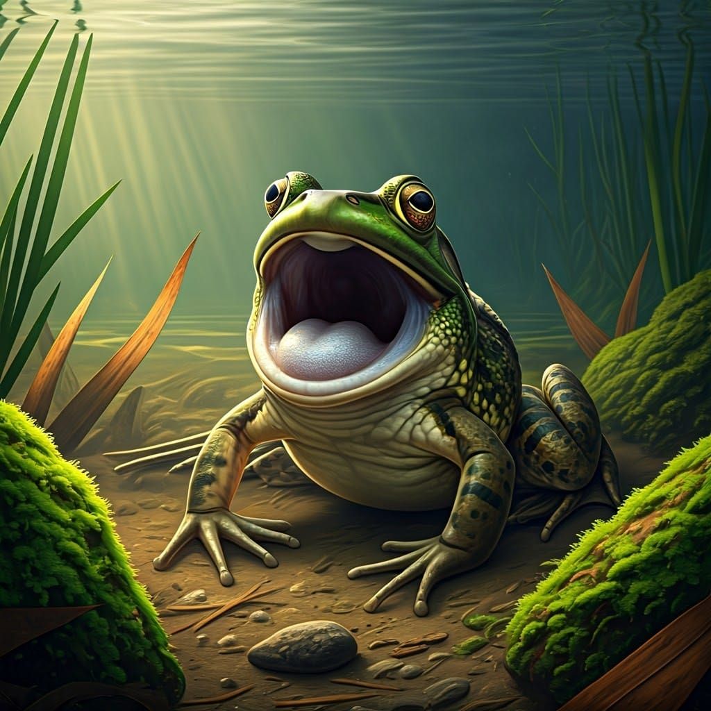 Lifelike Bullfrog Portrait in a Muddy Swamp