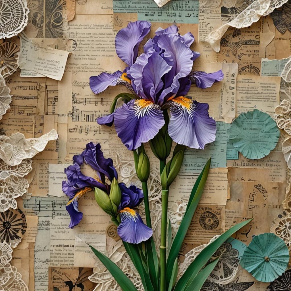 Iris Mixed Media Paper Collage Painting
