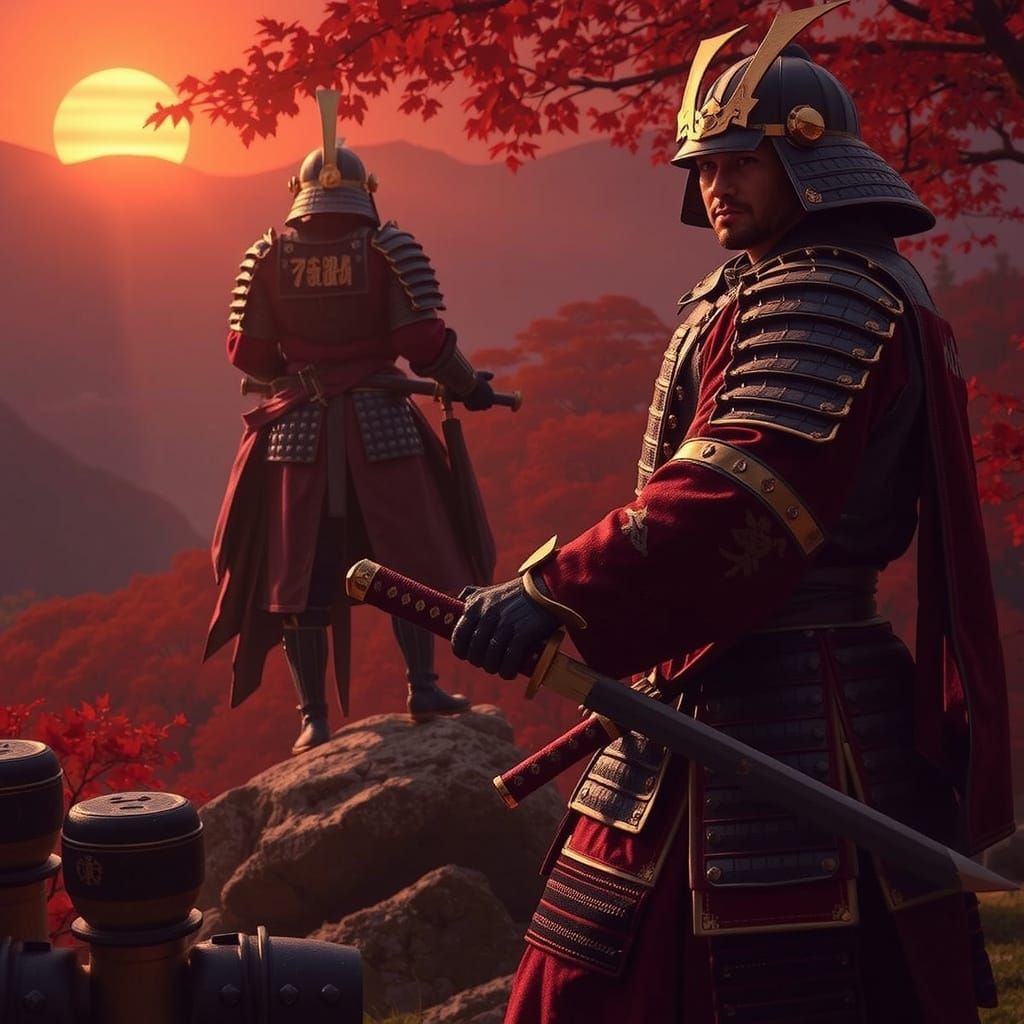 Samurai Warrior in Traditional Armor in Japanese Landscape