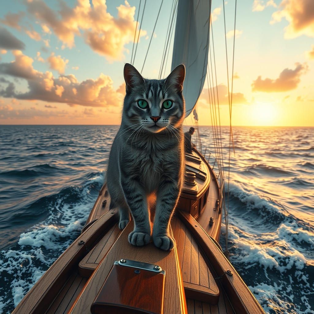 Regal Feline on an Antique Yacht in the Atlantic