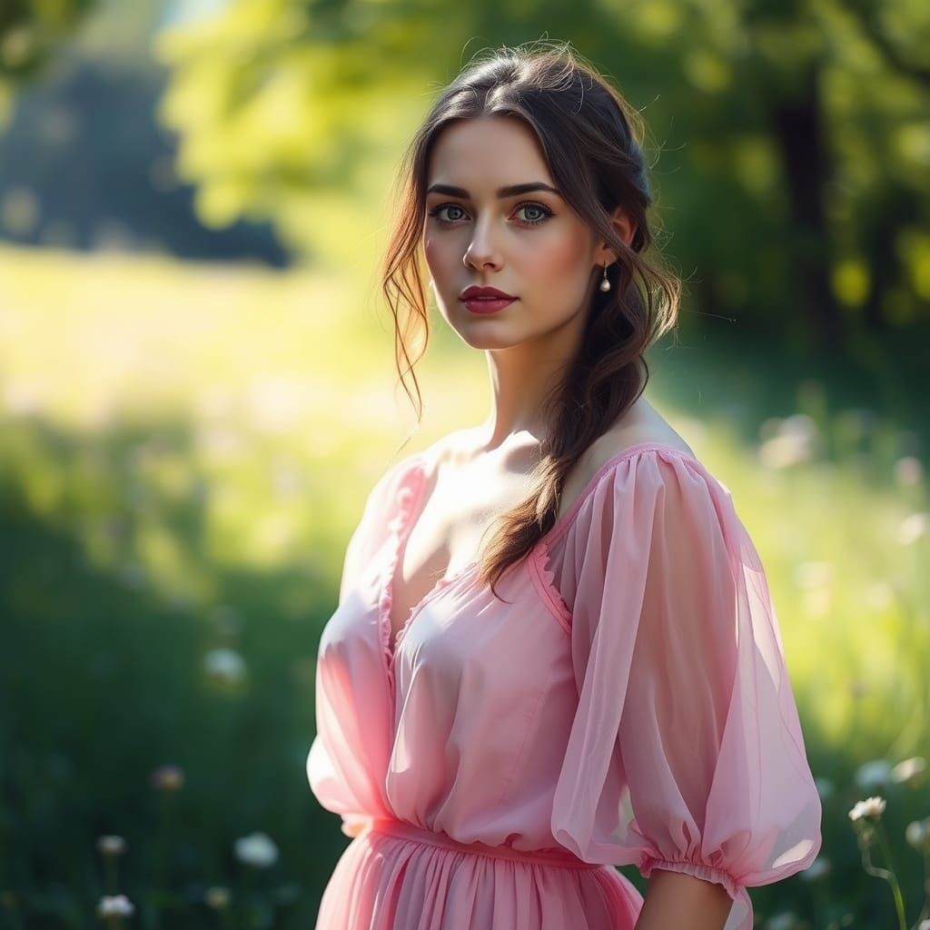 Woman in Sheer Pink Dress in Sunlit Meadow