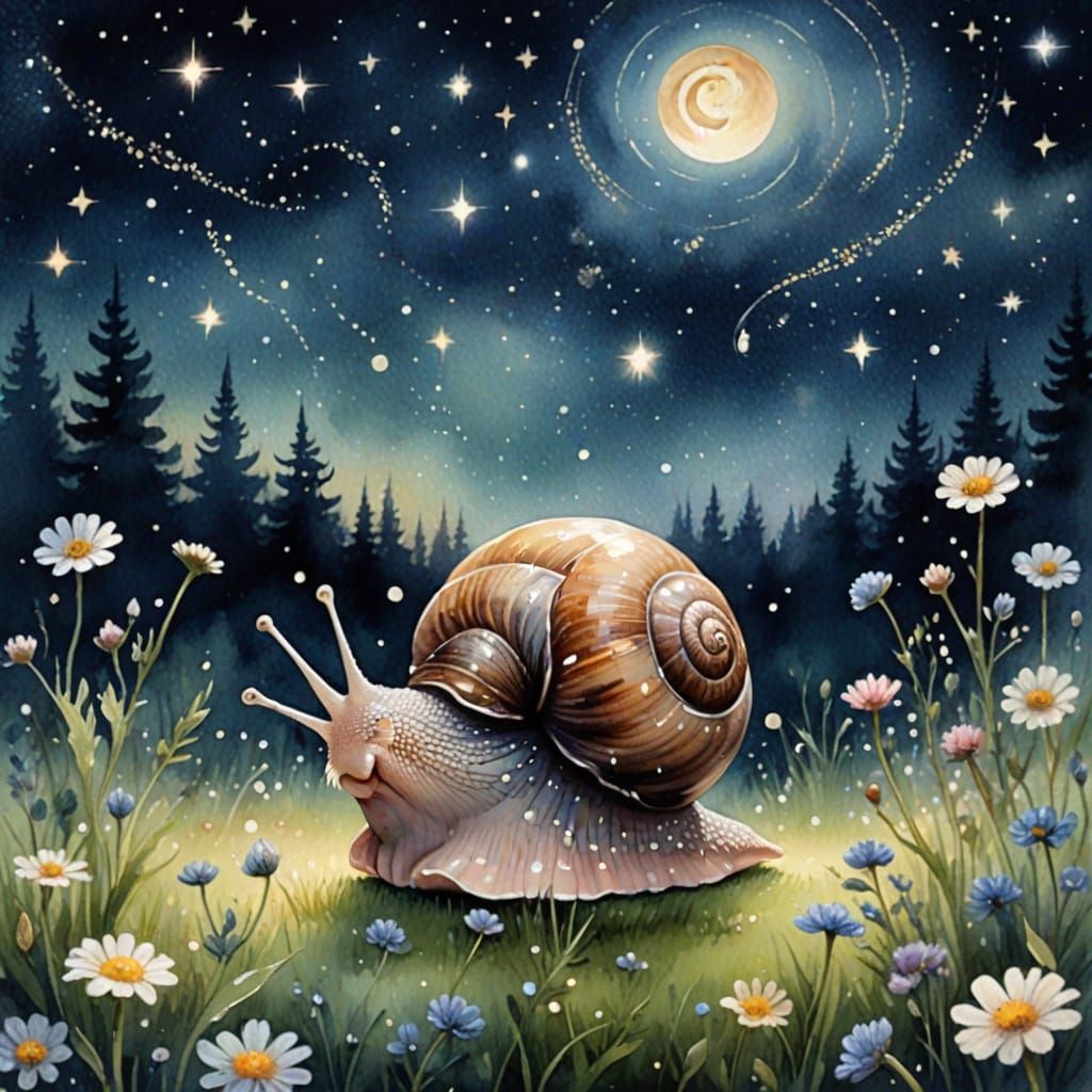 Ethereal Watercolor of Snail under Starry Night Sky