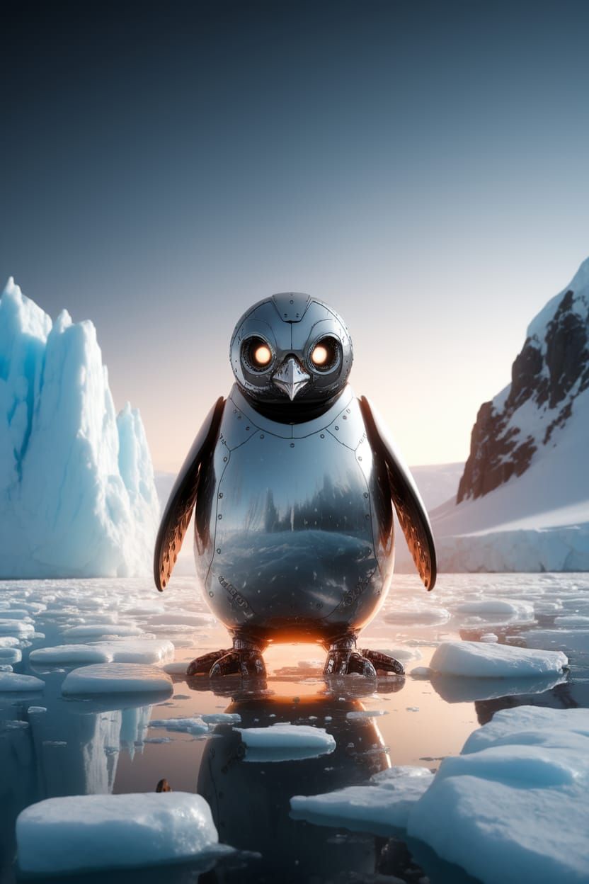 Menacing Robot Penguin Amidst Antarctica's Icy Landscape