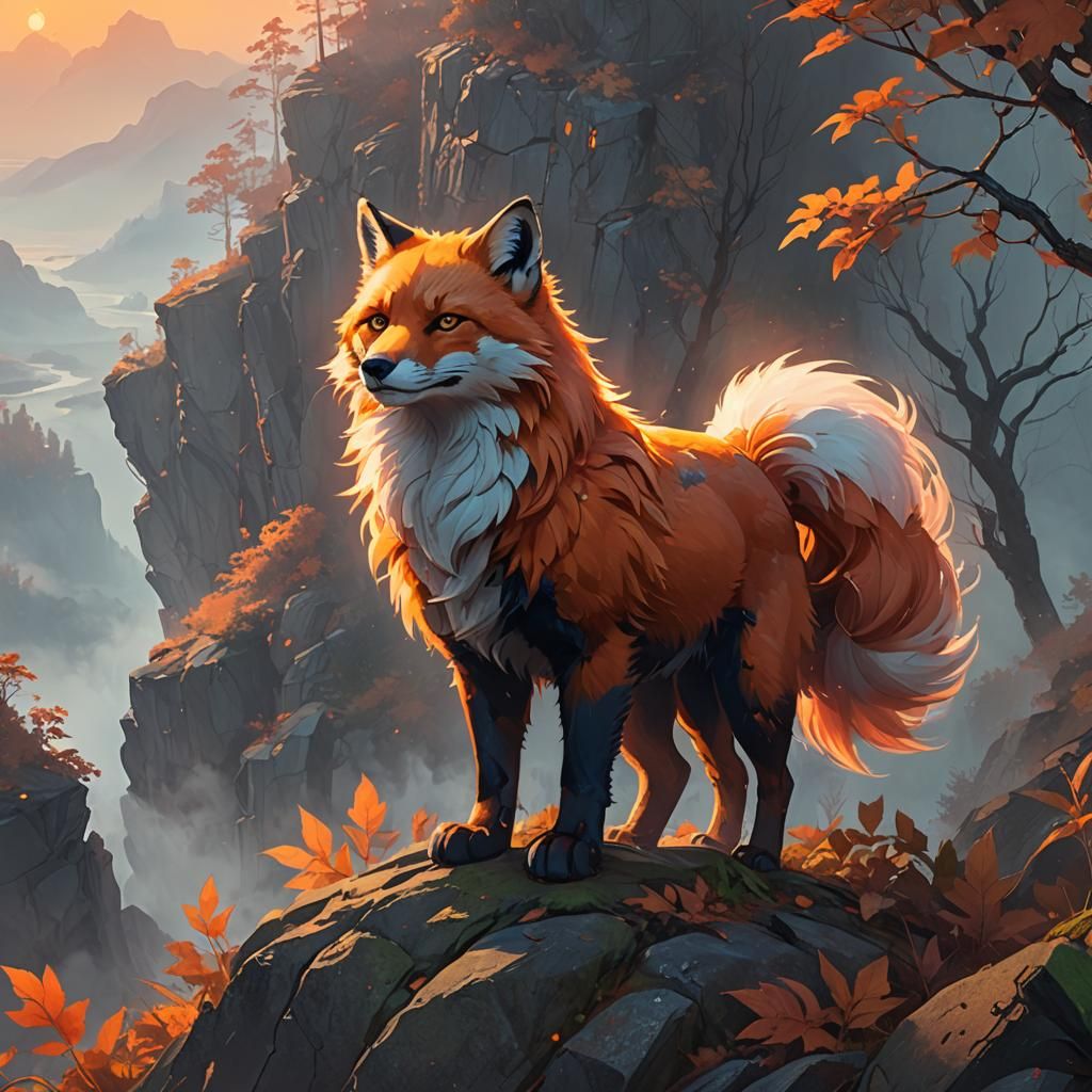 Glowing Firefox on Misty Cliff: Fantasy Illustration