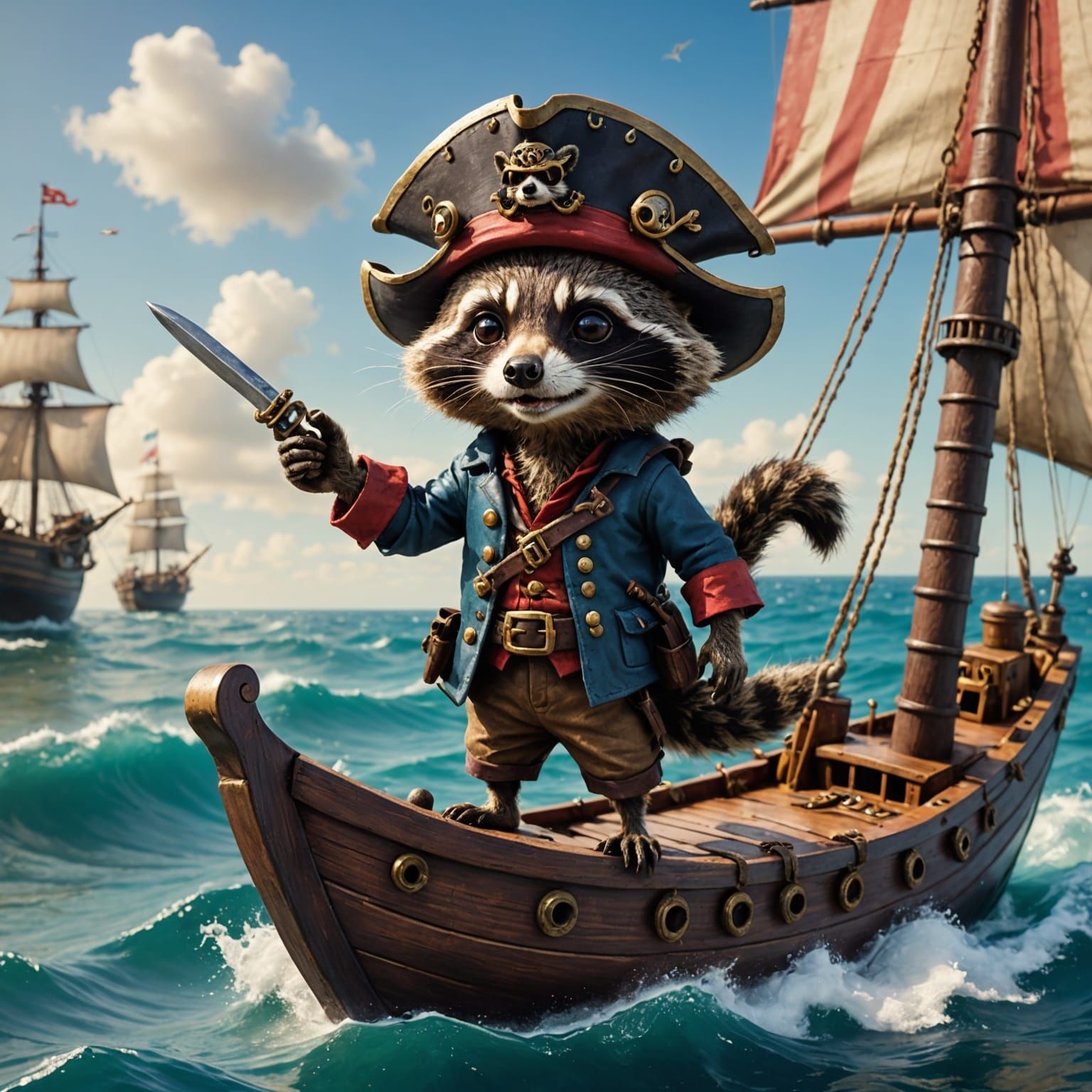 Raccoon Pirate Captain on Toy Ship, Children's Illustration