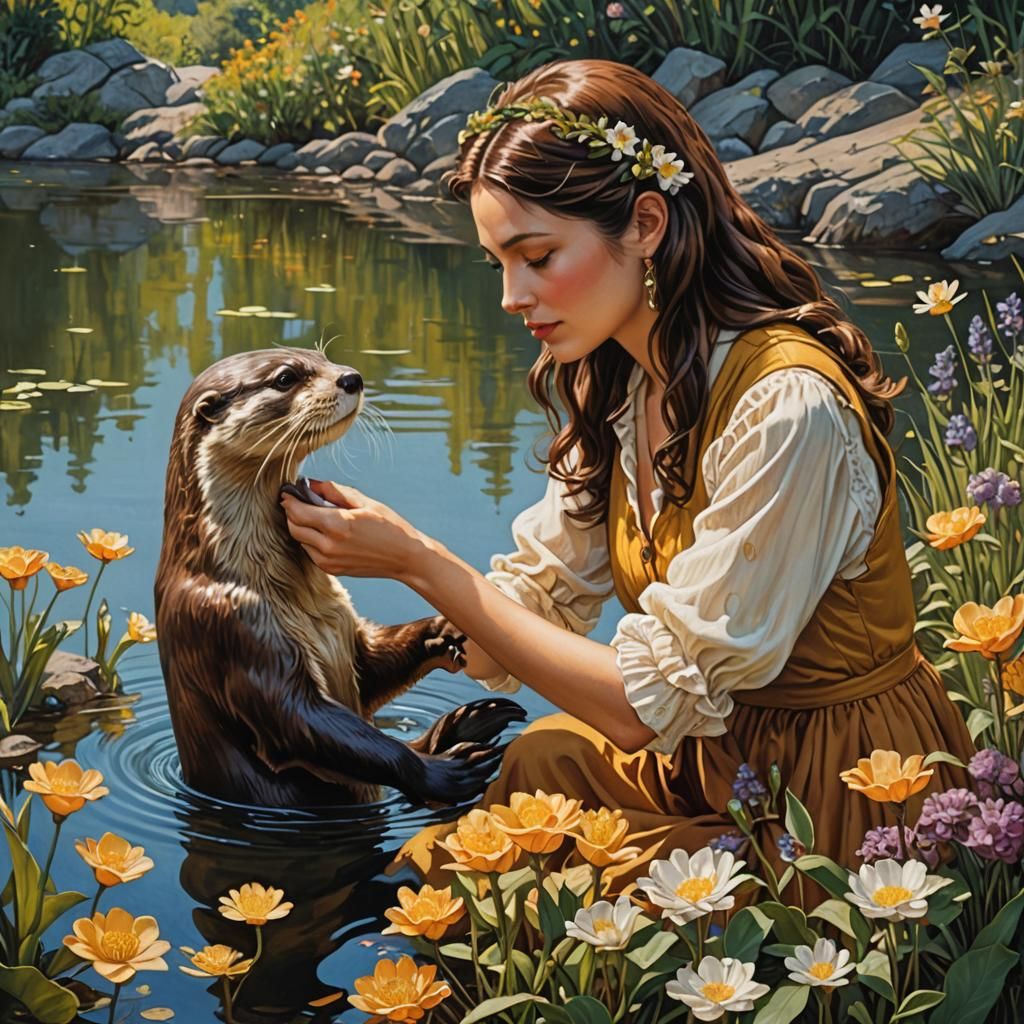 Woman Pets Otter in Hyperrealistic Oil Painting