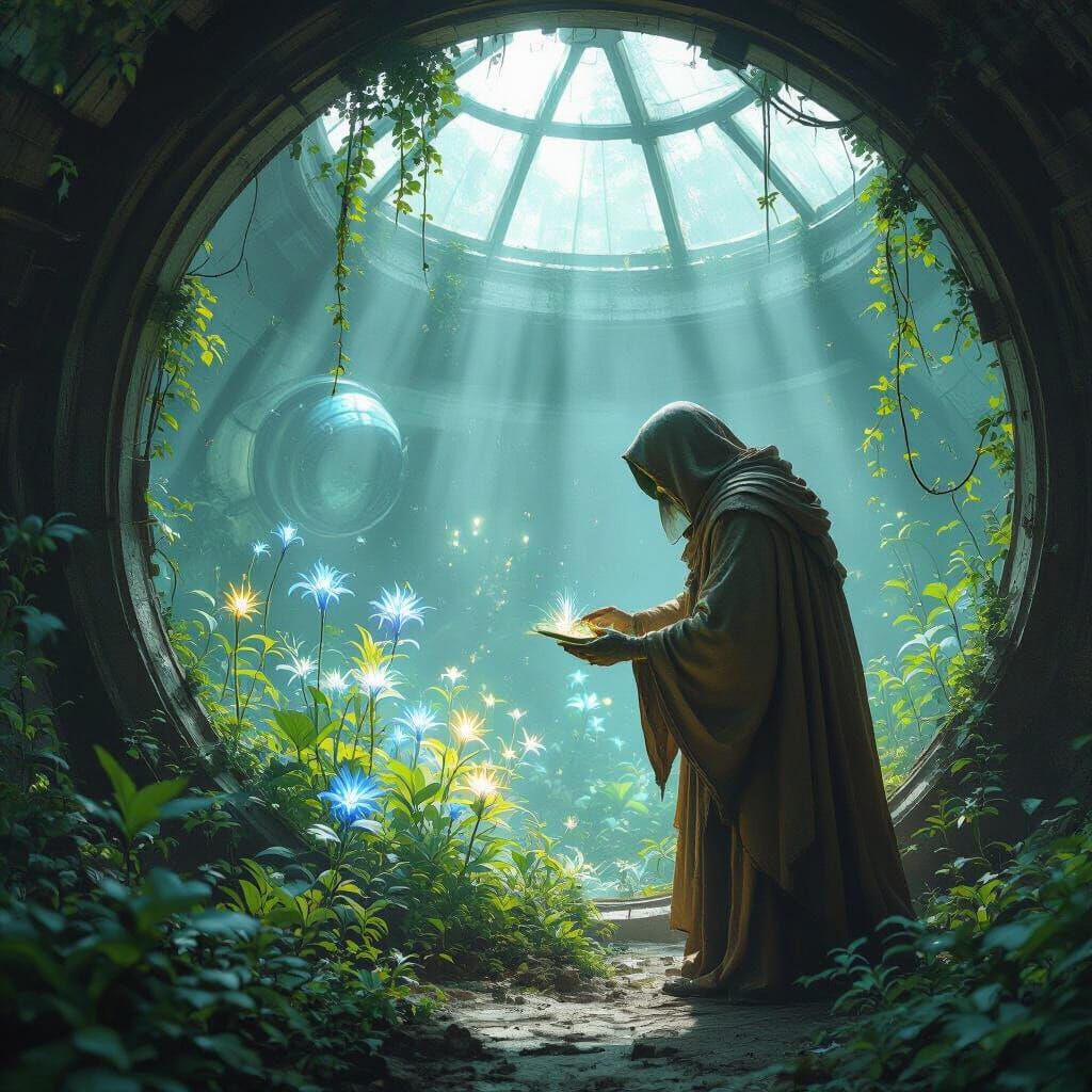 Ancient Botanist Tends Alien Flora in Spaceship Biodome