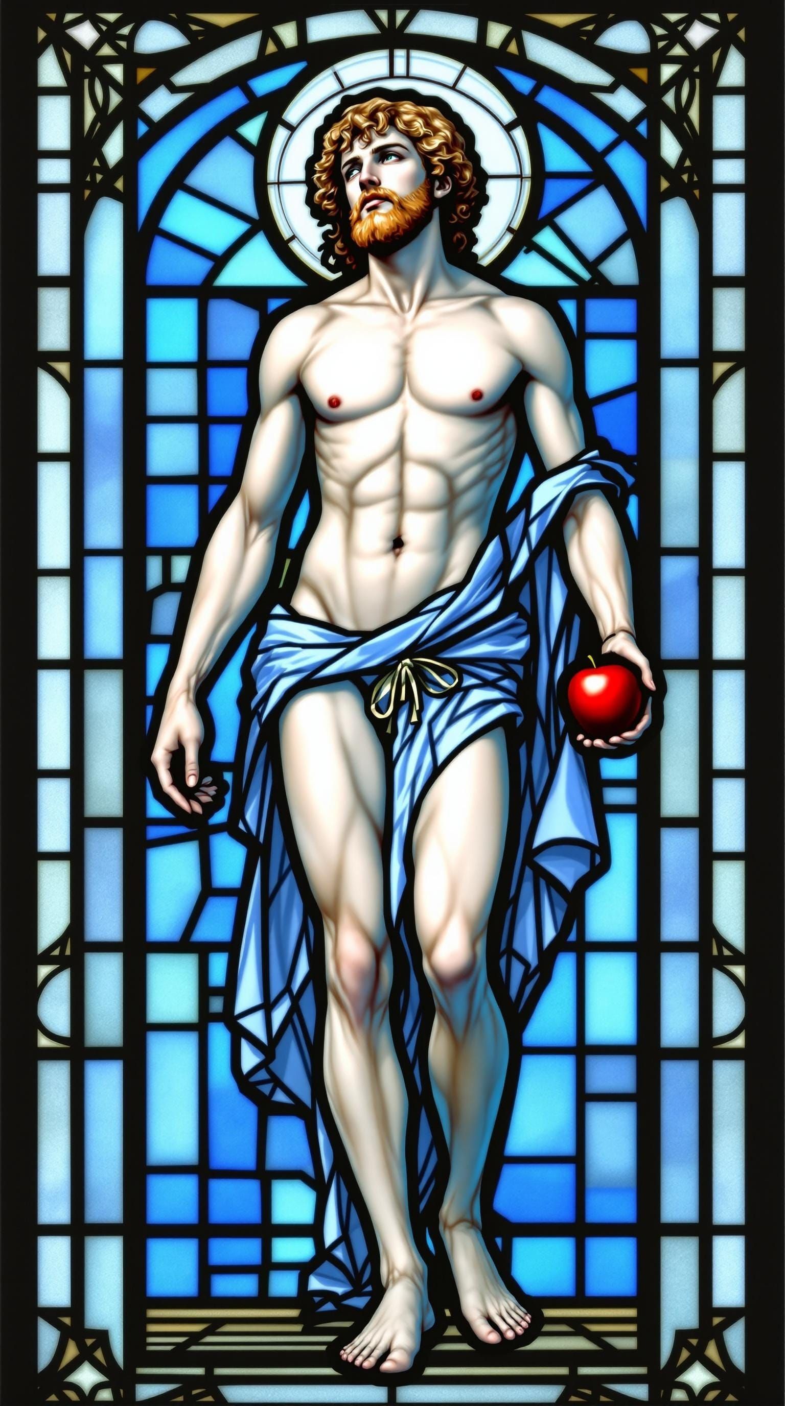 Stunning Art Deco Stained Glass Window of Adam with Apple