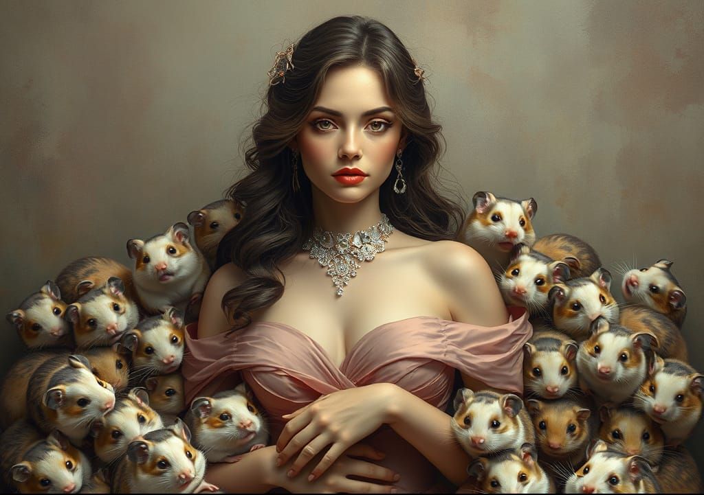 Hyperrealistic Woman Adorned with Hamsters