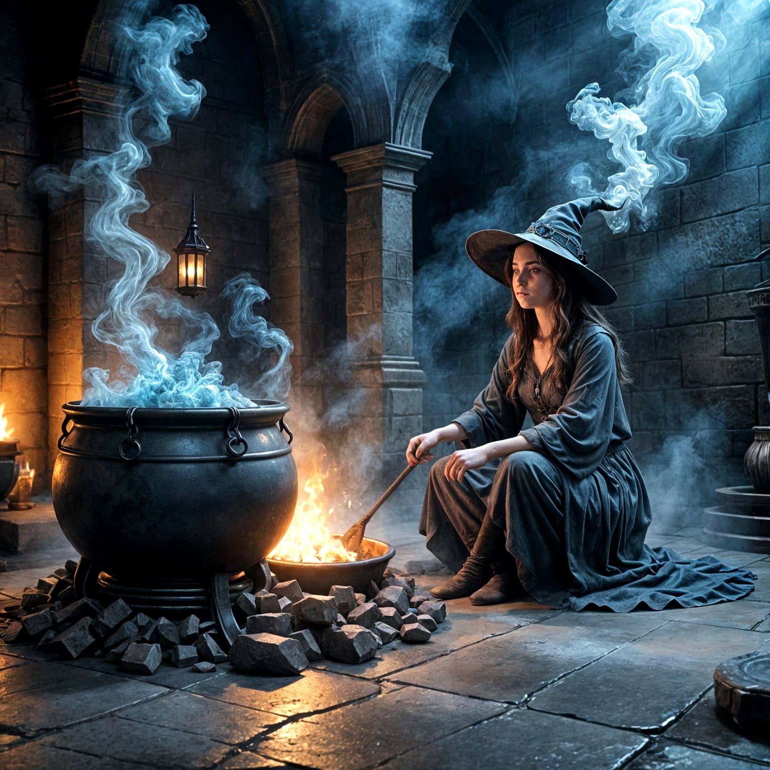 Young Witch Brewing Potion in Castle Chamber