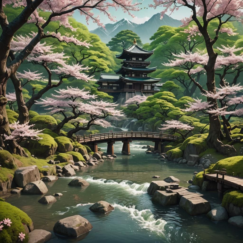 Japanese Temple in Forest with Cherry Blossoms