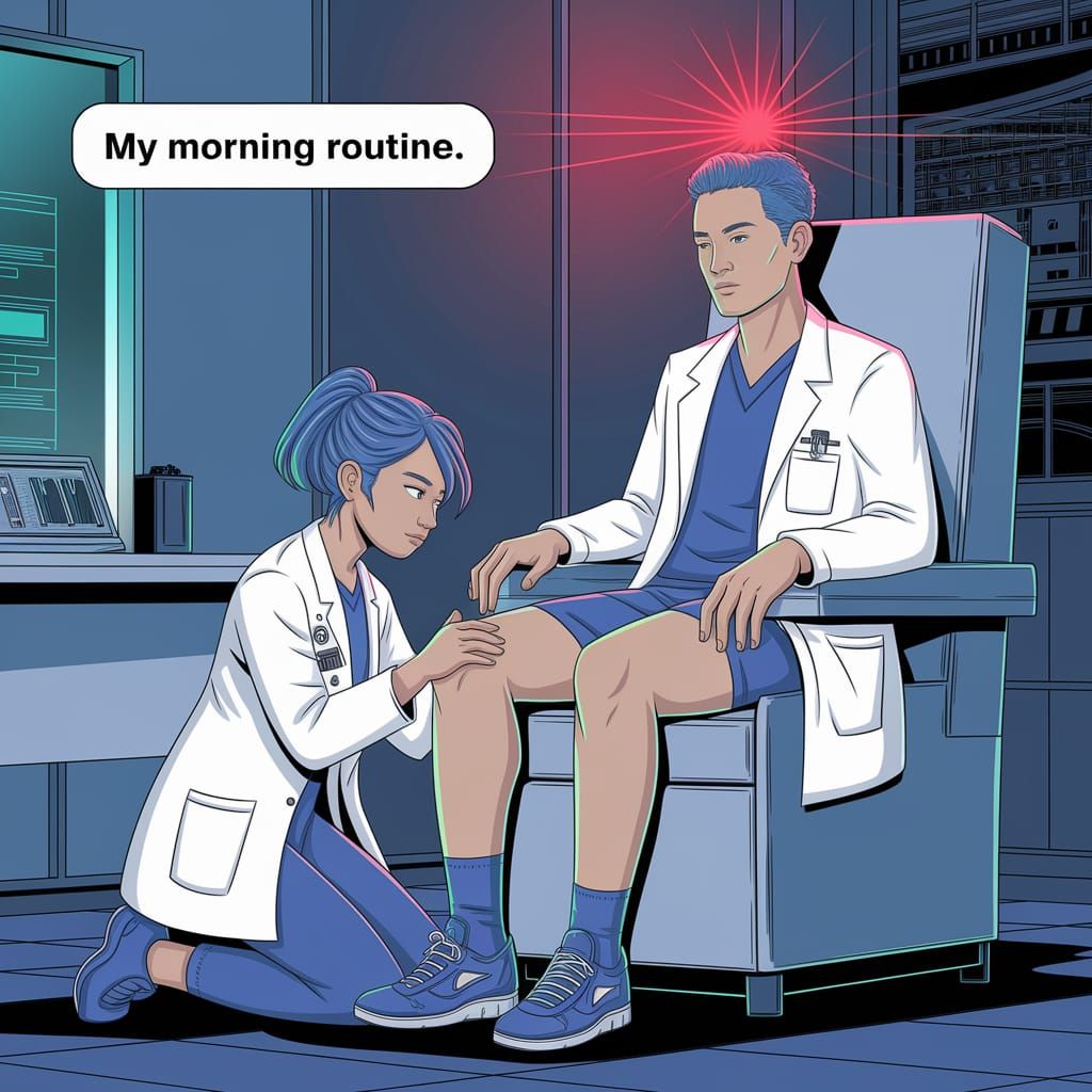 Japanese Doctor Examines Male Colleague in Cyberpunk Office