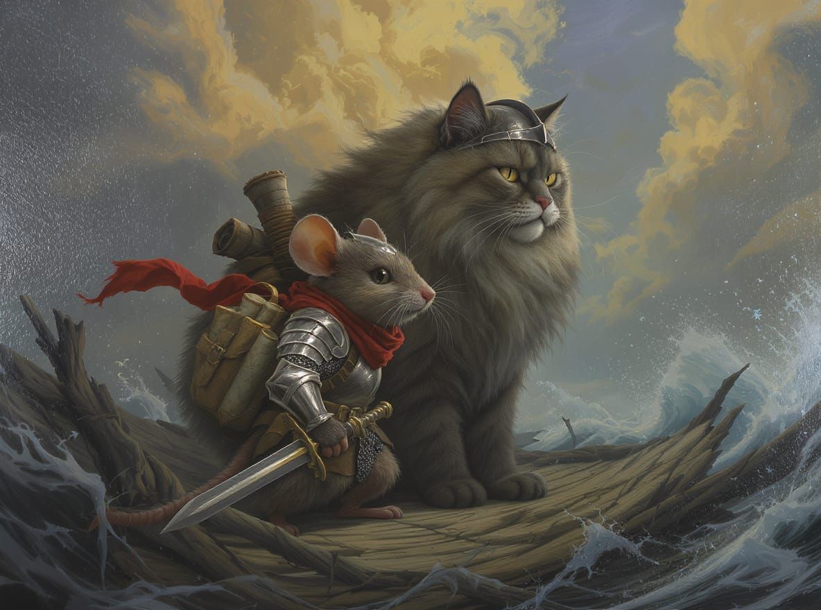 Mouse Knight and Cat's Sea Adventure: Fantasy Painting