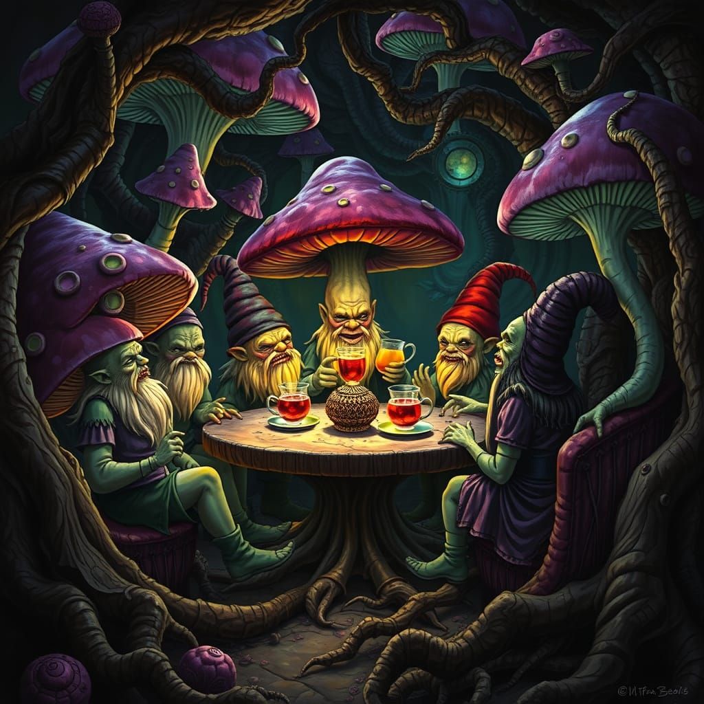 Mushroom Tea Party in Bioluminescent Grotto