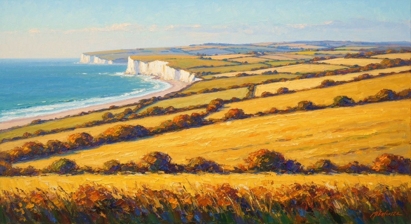 Golden Autumn Landscape Painting of Rolling Hills and Ocean