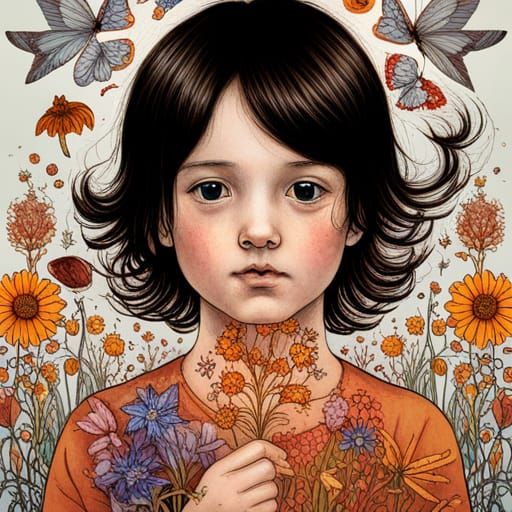 Toddler with Autumn Wildflowers: Hyperdetailed Magic Realism