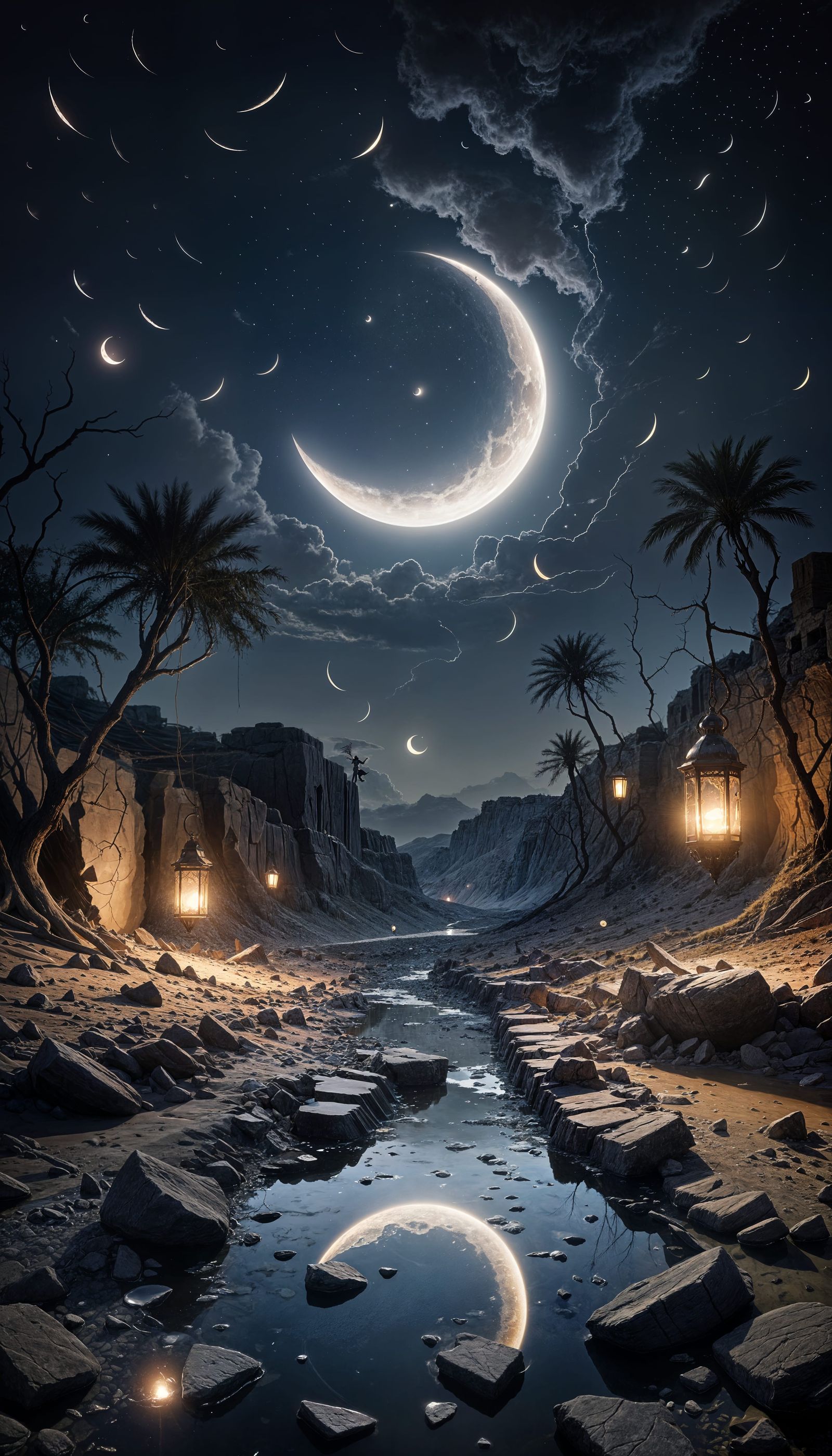 Ethereal Crescent Moon in a Haunting Dark Sky