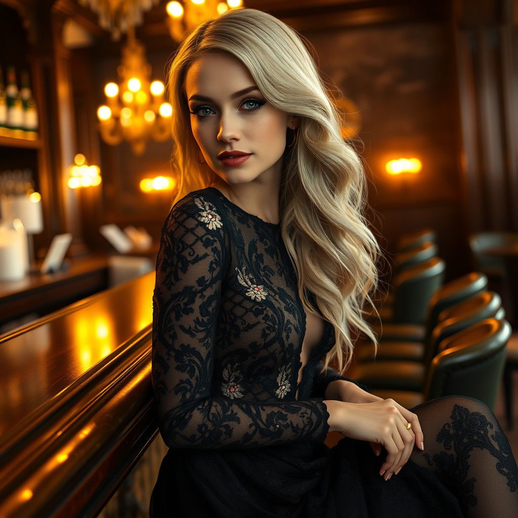 Elegant Woman in Black Lace Dress at Bar