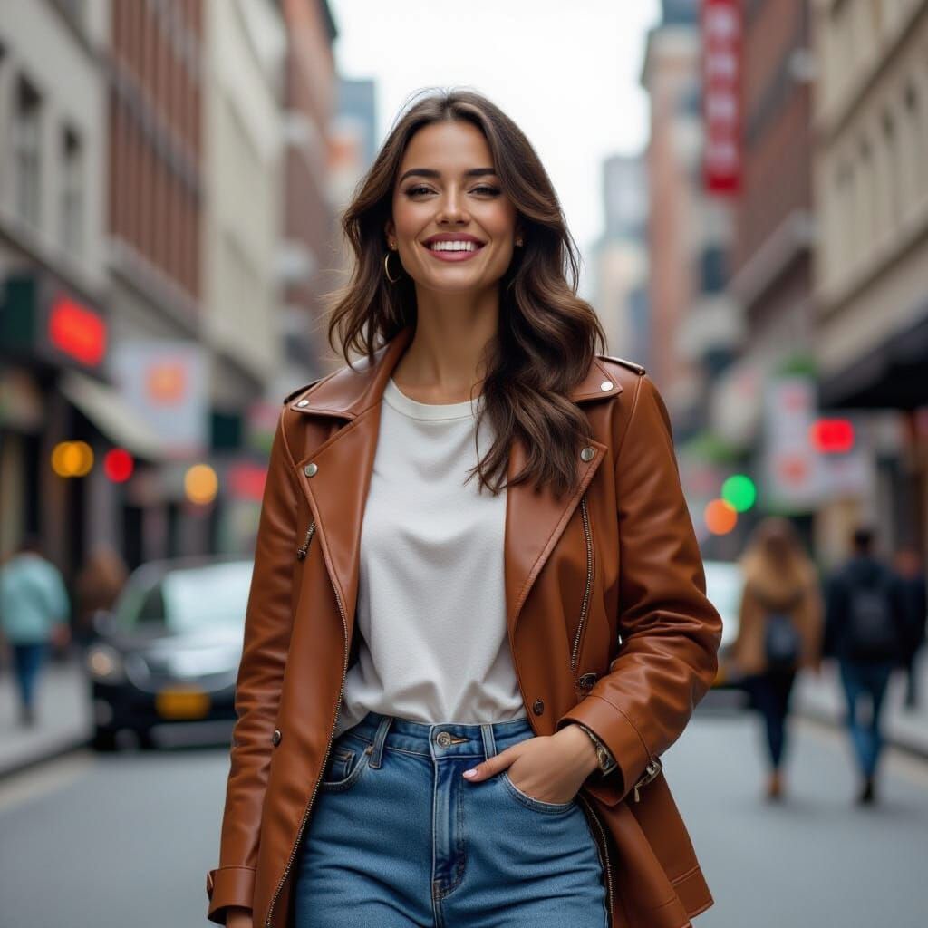 Hyperrealistic Woman in Bustling City Street