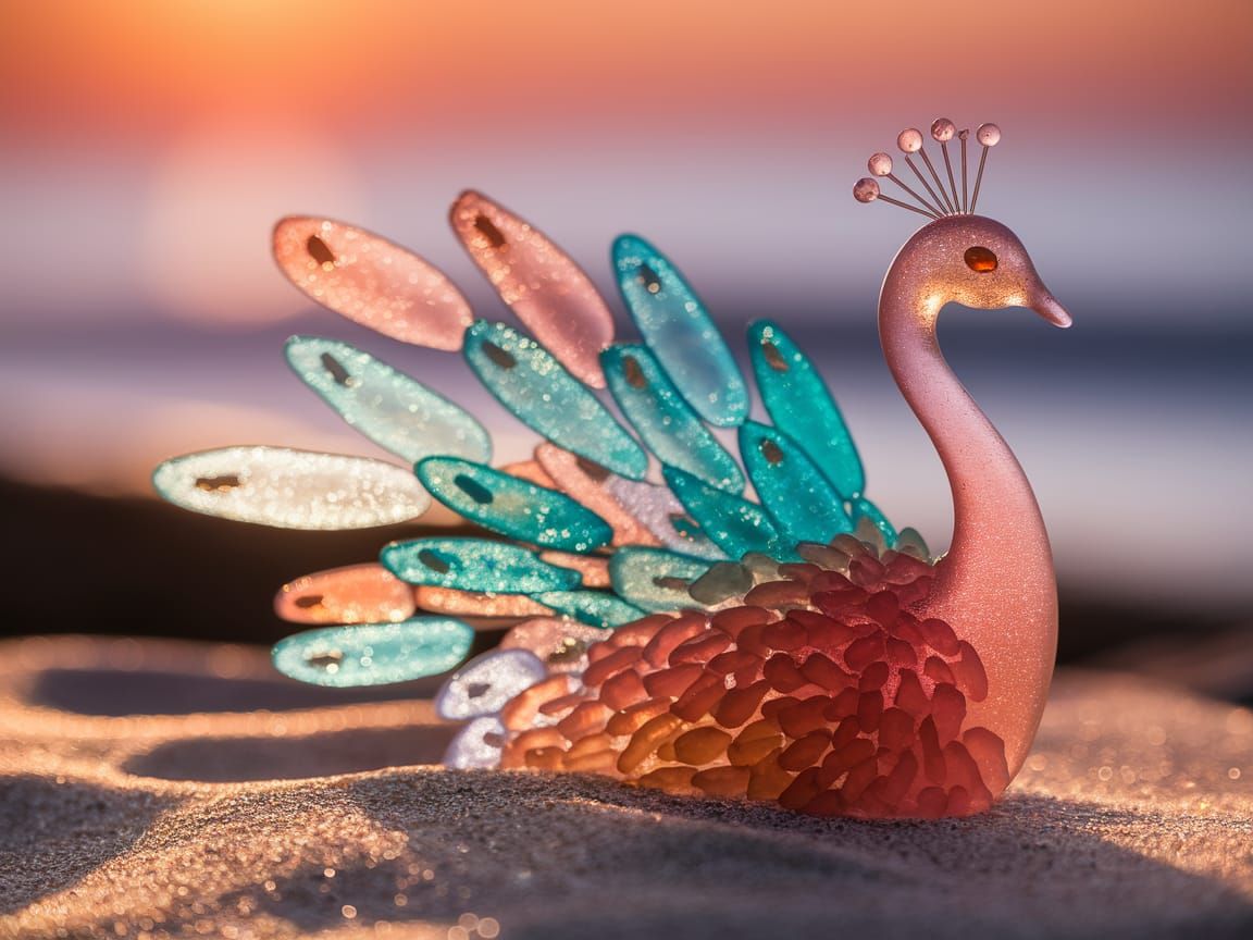 Sea Glass Peacock Sculpture Illuminated by Sunset