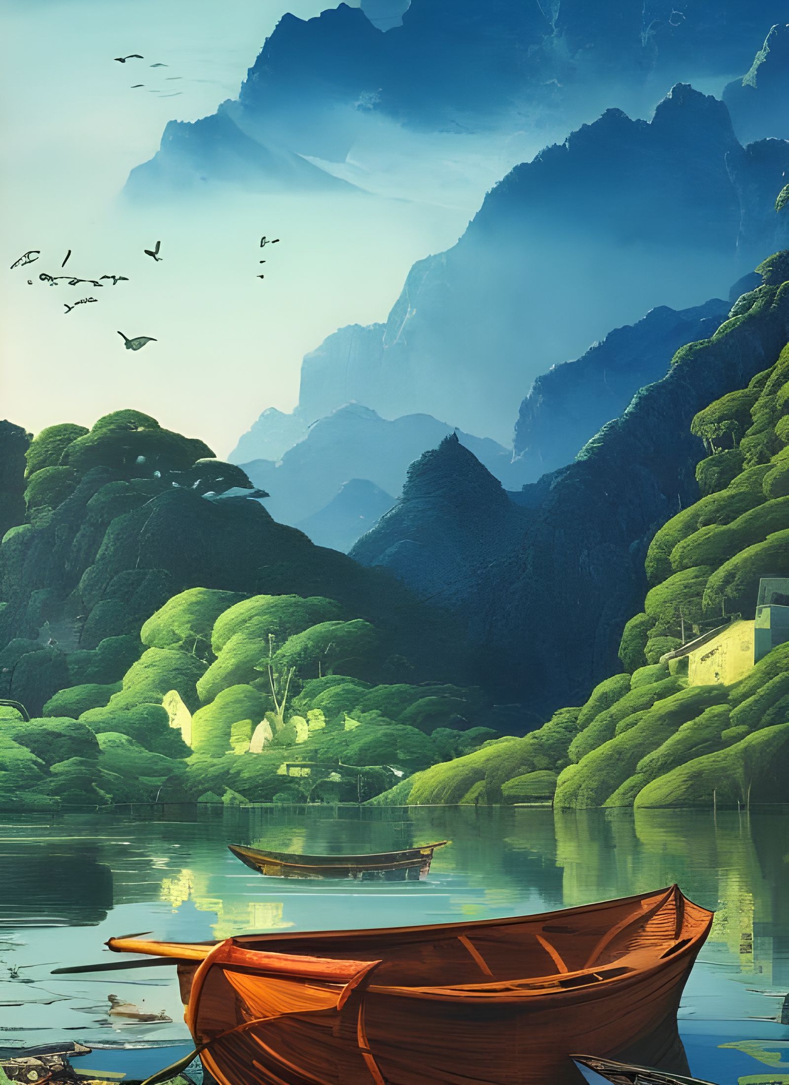 Detailed Woodcut Cityscape with Lush Mountains