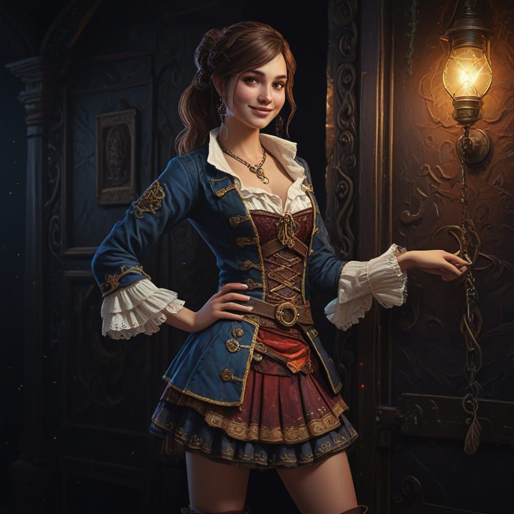 Smiling Pirate Girl Poses in Mini Skirt at Party