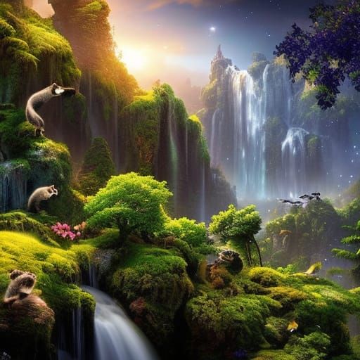 Garden with Animals, Waterfall and Galaxies