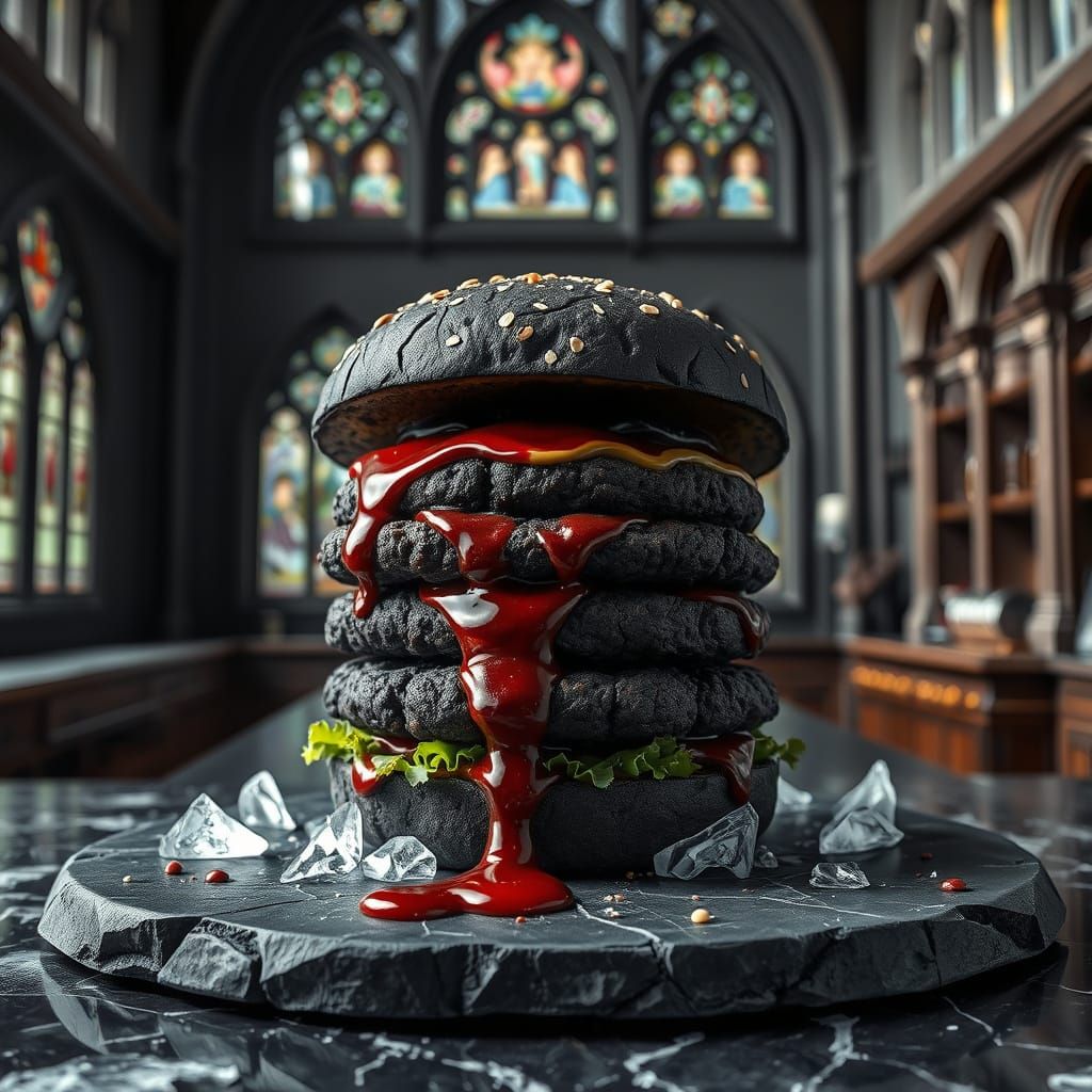 Dark Gothic Burger Masterpiece in Brutalist Food Architectur...