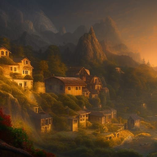 Dawn in Valley Village: Detailed Matte Painting