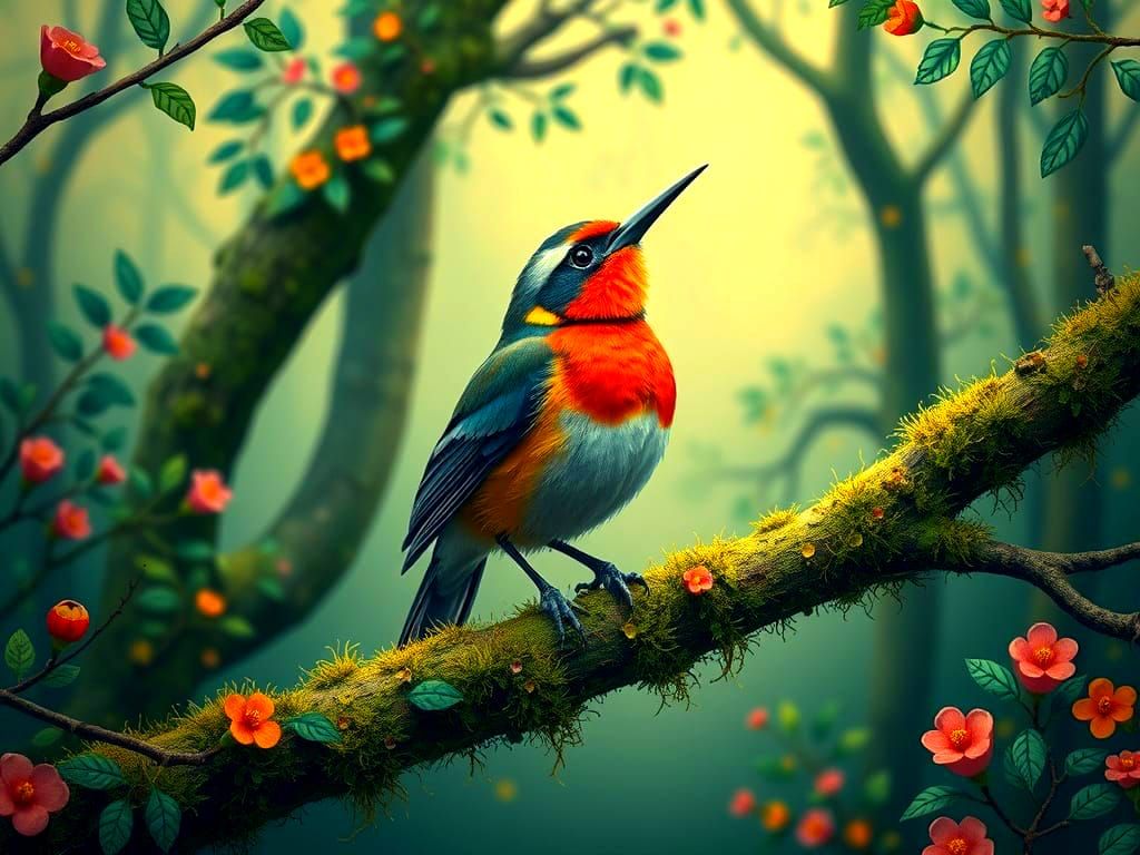 Bellbird Song in Whimsical Forest, Art Nouveau Style