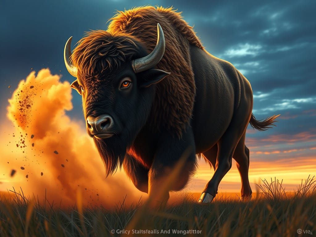 Majestic Bison Emerge from Dusty Horizon in Hyperrealistic S...