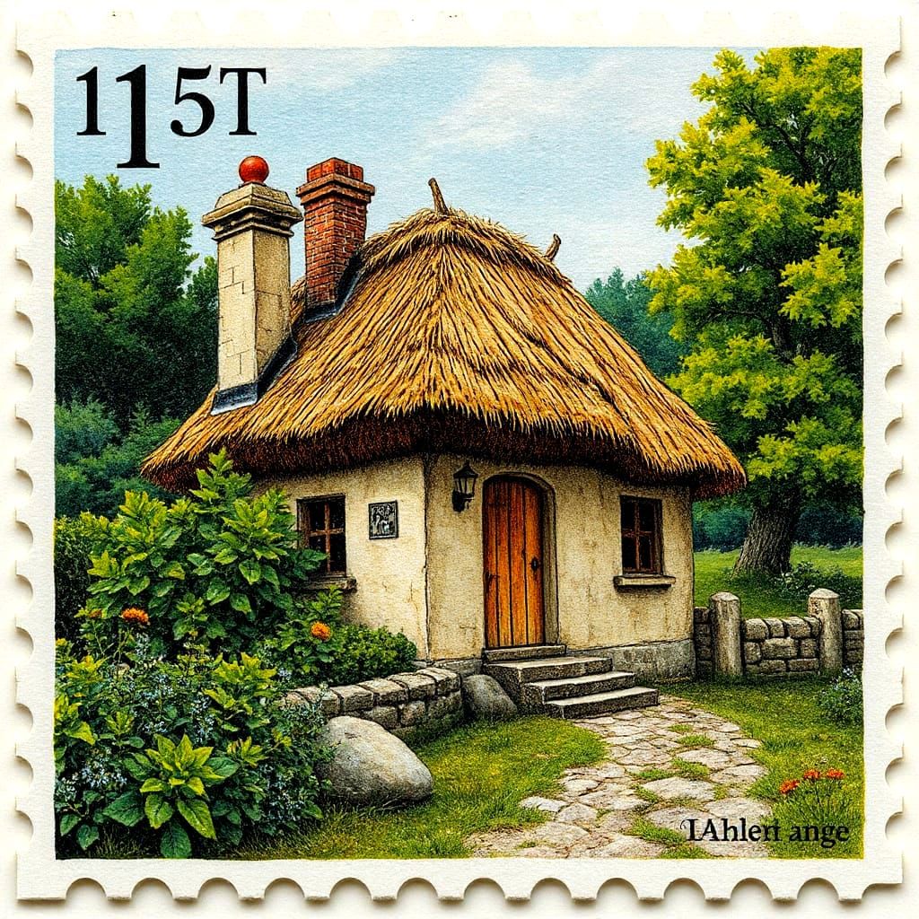Vintage Stamp of a Rustic Cottage in Patchwork Style