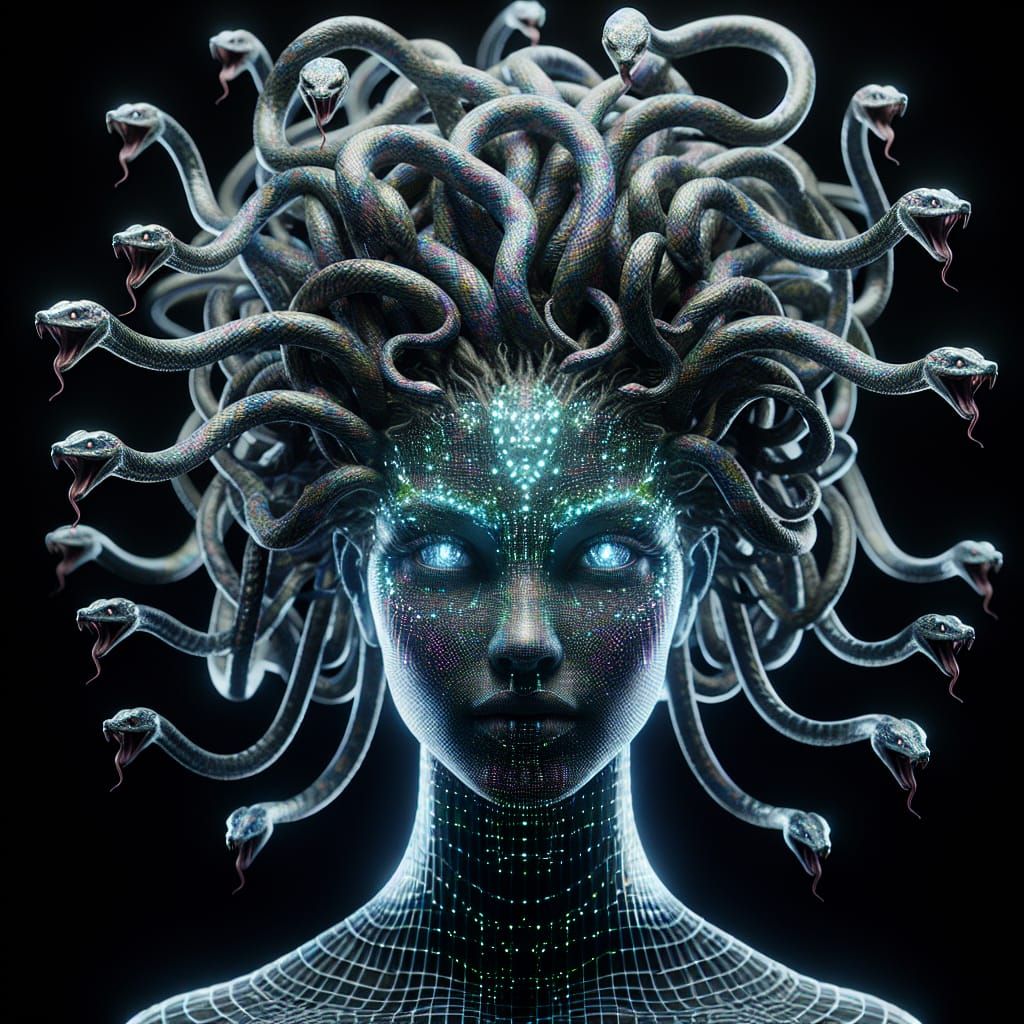 Holographic Medusa Portrait with Snake Hair