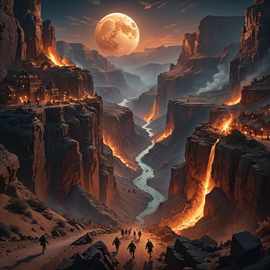 Burning Town Under Moonlight: Dark Fantasy Concept Art