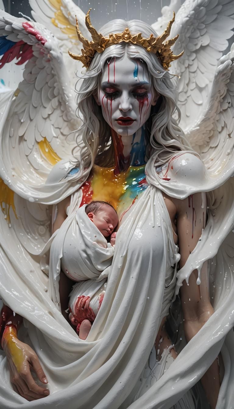 Demonic Angel Mother Breastfeeding Newborn in Milk Cloth