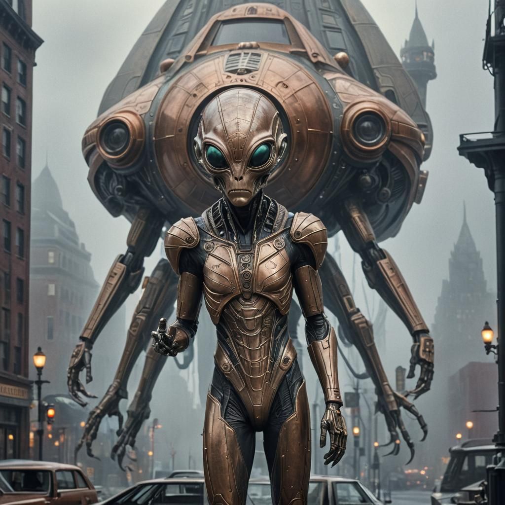 Alien Hunchback Walking Around Urban Setting