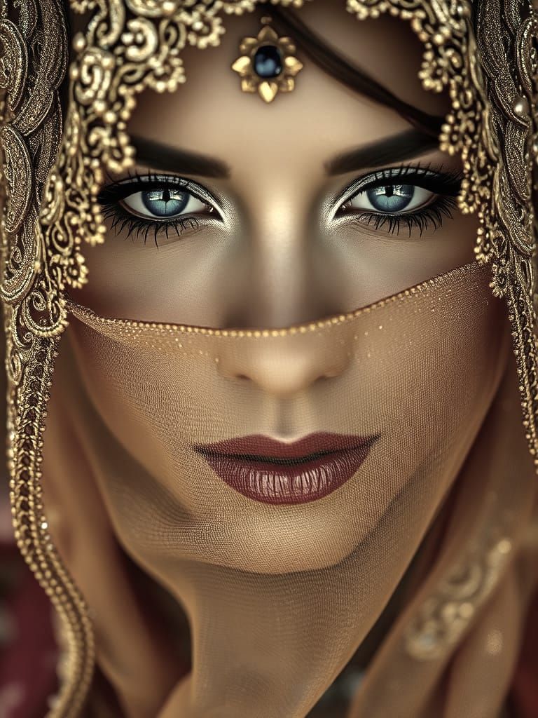 Belly Dancer in Golden Veil, Exotic Blue Eyes