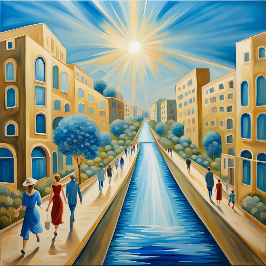 Utopian Glass City with Golden Streets in Acrylic Art