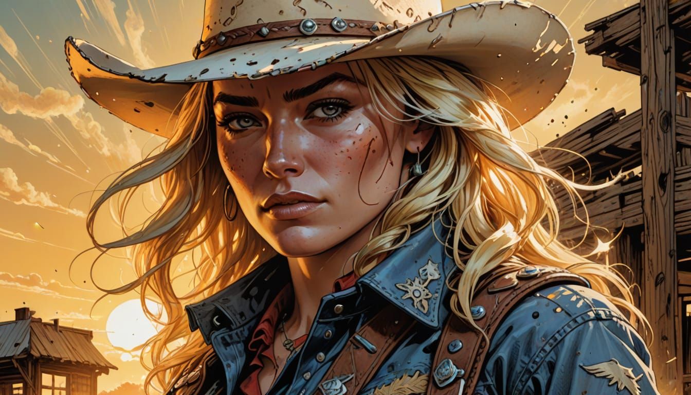 Blonde Cowgirl Portrait in Comic Book Style