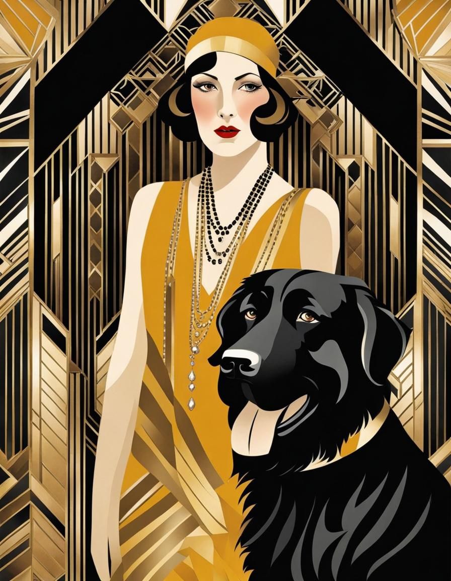 Flapper Girl with Newfoundland Dog in Art Deco Style