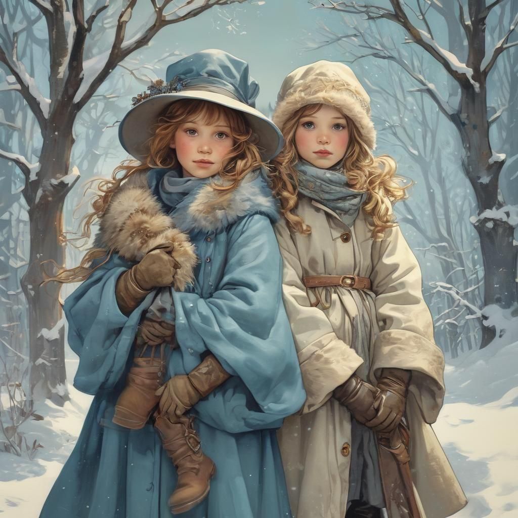 Children's Winter Storybook Illustration in Mucha Style