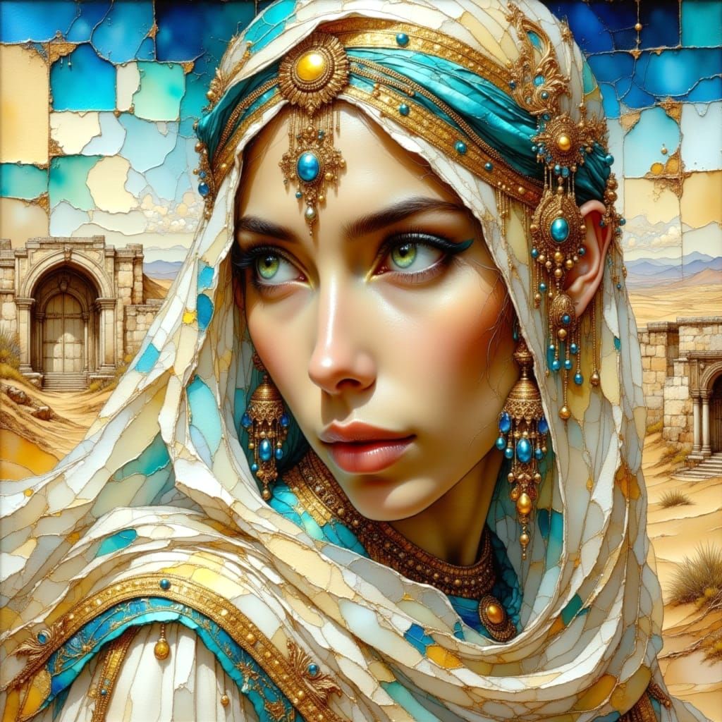 Arabian Princess in Windswept Desert Courtyard