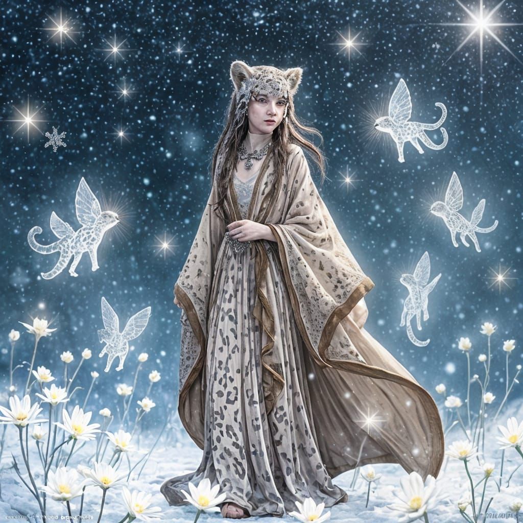 Snow Leopard Dryad in Stardust Bloom