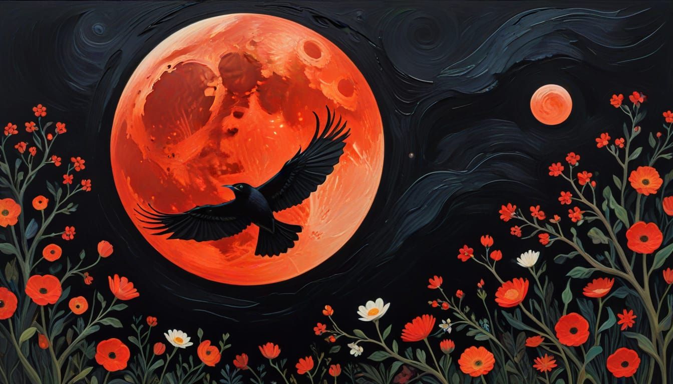 Crow Flying Under Red Moon in Midnight Sky