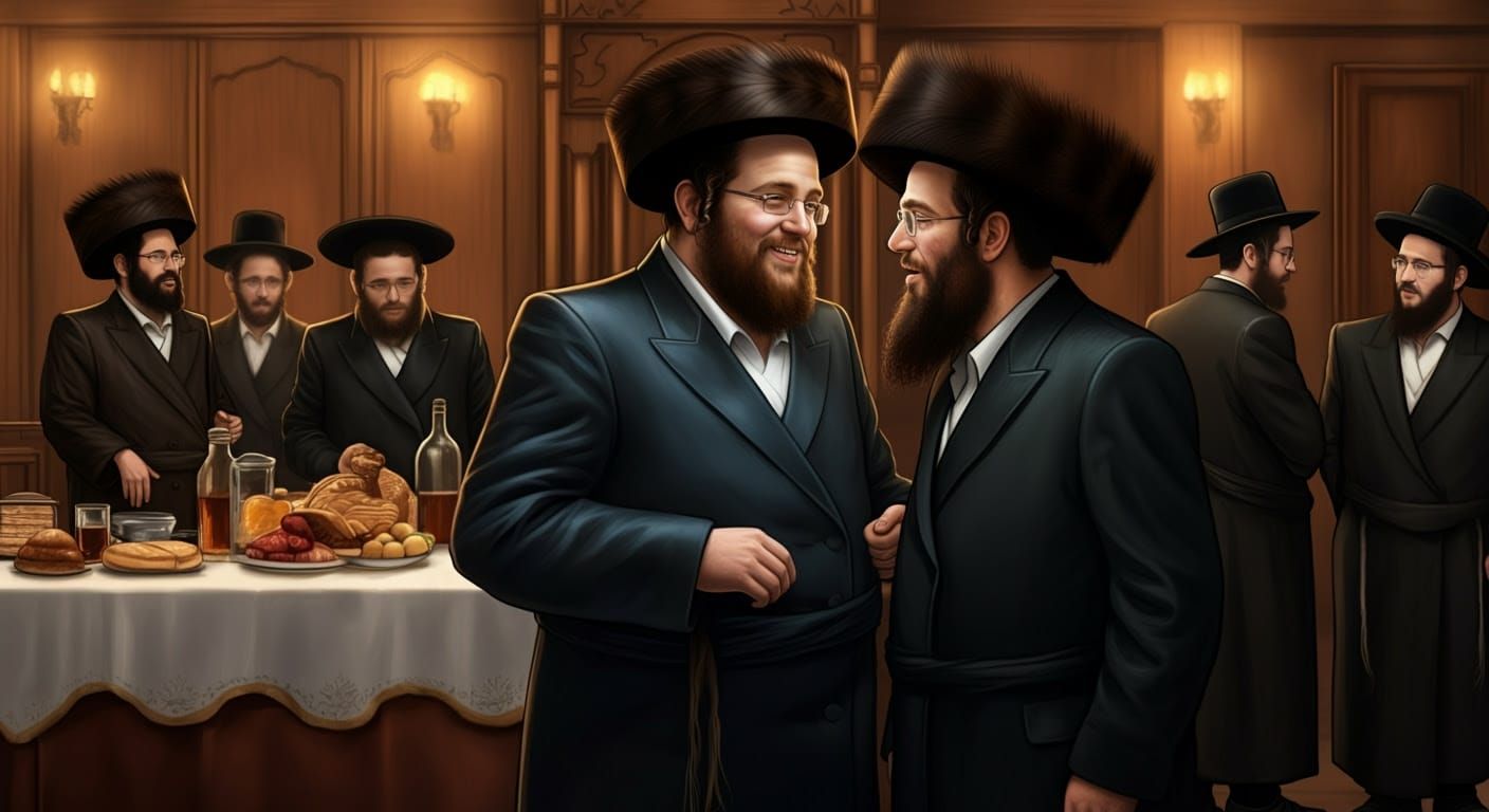 Friendly Hasidic Men Share a Moment in Synagogue
