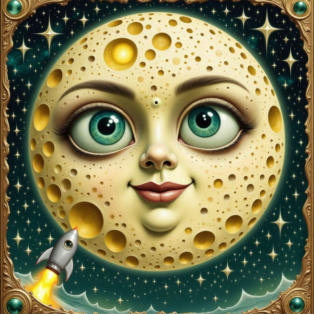 Whimsical Smiling Moon Vintage Celestial Illustration