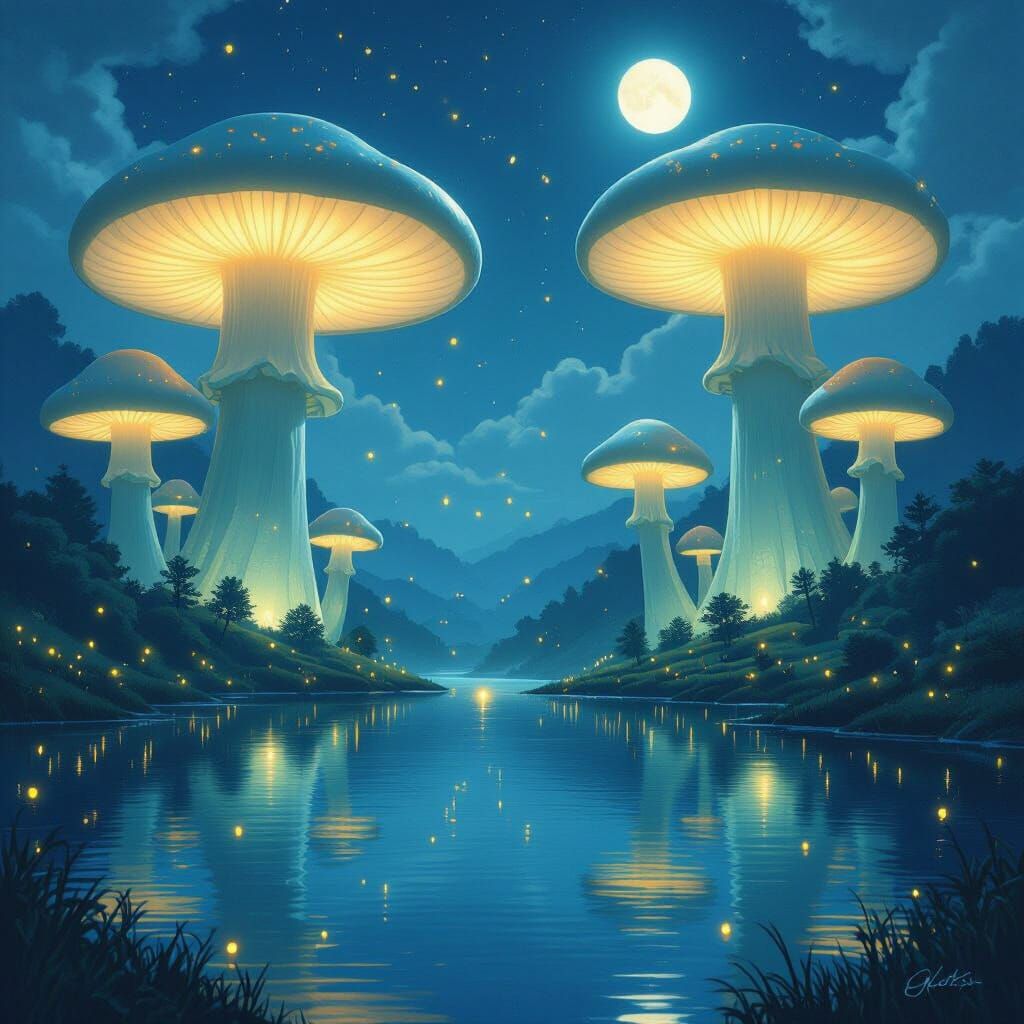 Bioluminescent Mushroom Forest Over Moonlit Lake
